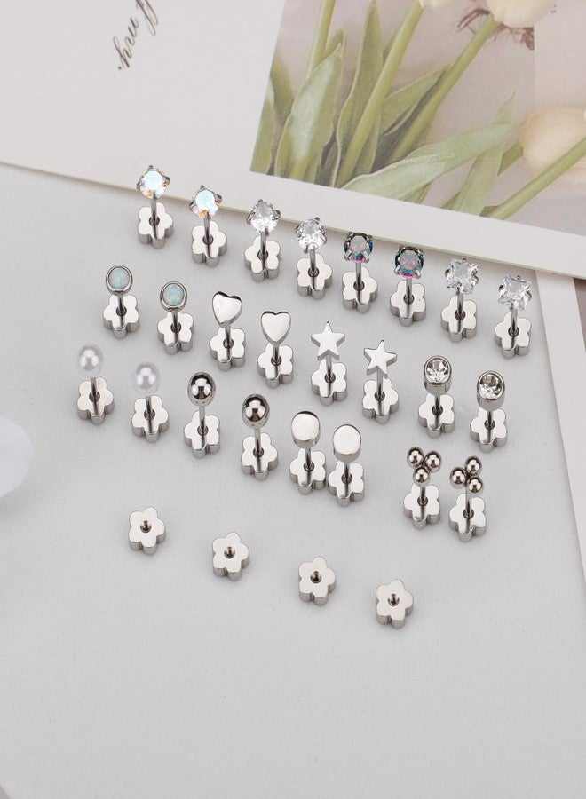 Staligue 18-Pair Hypoallergenic Surgical Steel Earrings Set - 20G Flat Back Studs with CZ, Opal, Moon & Floral Designs for Sensitive Ears & Cartilage Piercing（Silvery） - Image 3